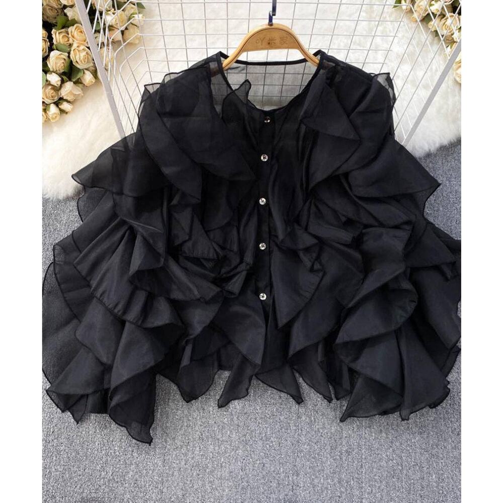 Ruffled Long Sleeve Round Neck Blouse
